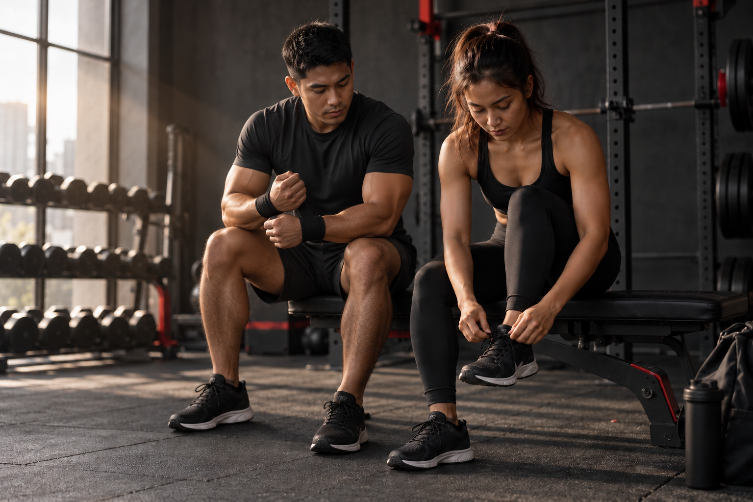 Filipino male and female athletes preparing for a workout together